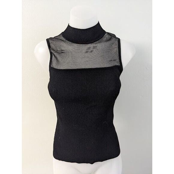 Milly XS Ribbed Mesh Combo Tank Top Black Mock Neck Sleeveless - Picture 3 of 9